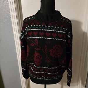 Adele Knit Vintage Black And Red Rose Pullover Sweater Size M